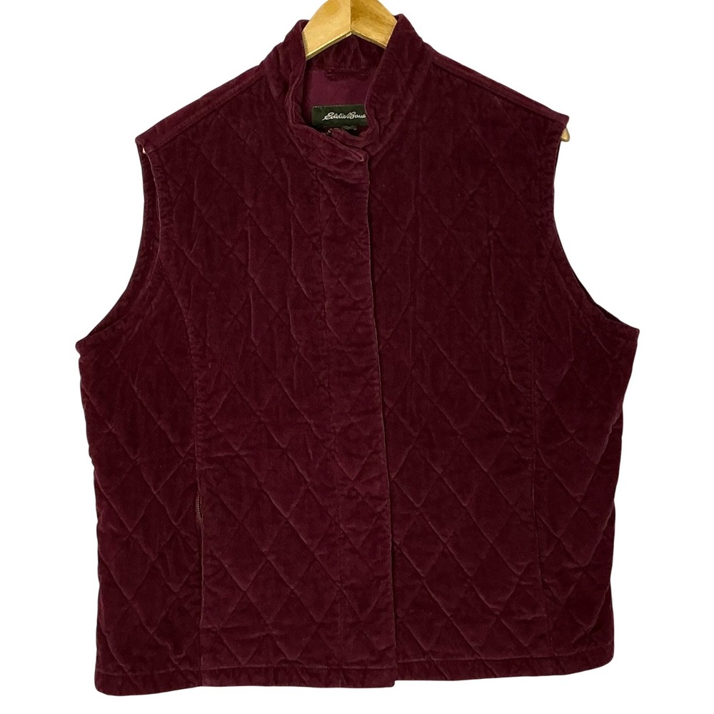 Eddie Bauer Quilted Vest Women Burgundy Velvet Cottagecore Classic Layered Sz XL